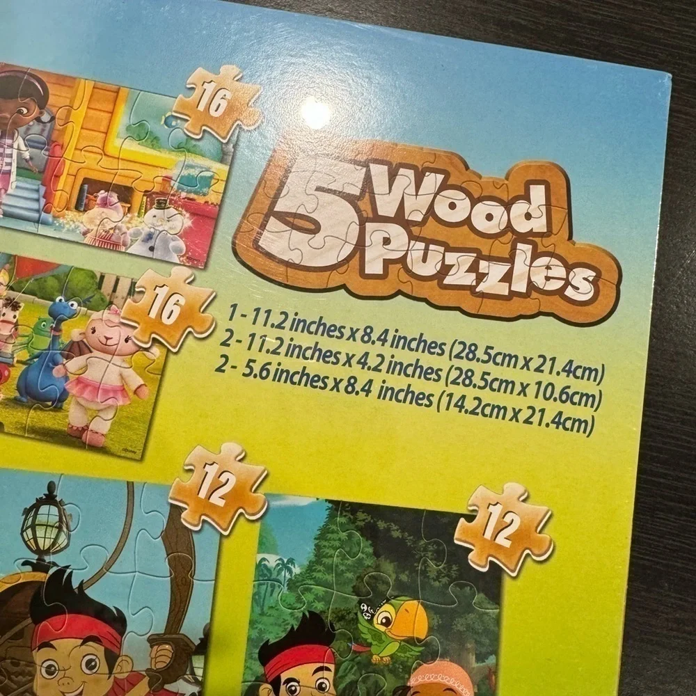 Disney Junior 5 Wood Puzzles in Different Sizes All Fit in Storage Box NWT